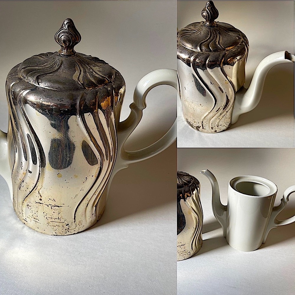Antique Vintage Krautheim Victorian White Teapot With Silver Plated Sheath 9”